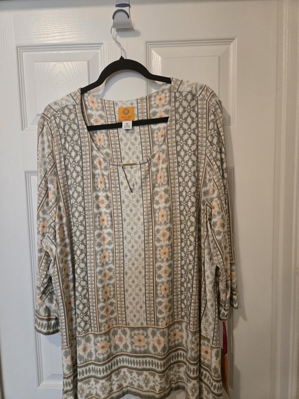 Ruby Rd. Cream, Olive & Peach Patterned Boho Blouse - Picture 2 of 9